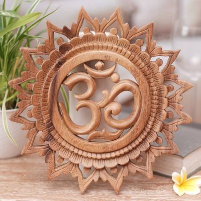 Alternate image for Hand Carved Suar Wood Om Relief Panel from Bali Om Bloom