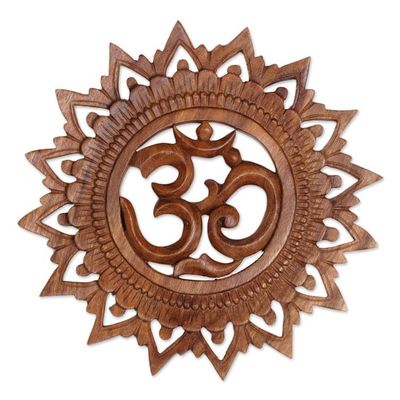 Alternate image for Hand Carved Suar Wood Om Relief Panel from Bali Om Bloom