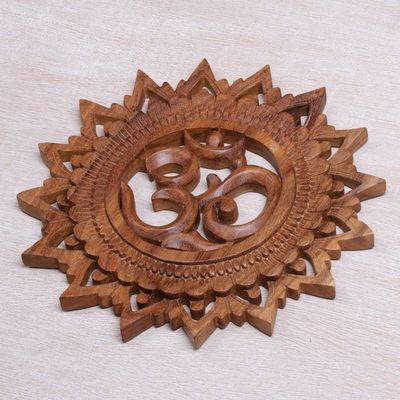 Alternate image for Hand Carved Suar Wood Om Relief Panel from Bali Om Bloom