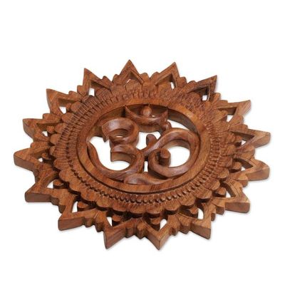 Alternate image for Hand Carved Suar Wood Om Relief Panel from Bali Om Bloom