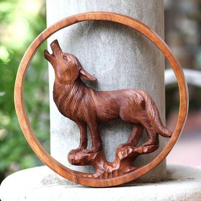 Primary image for Hand Carved Suar Wood Wolf Relief Panel Baying Wolf