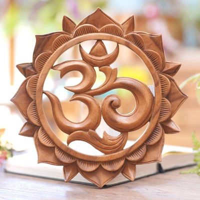 Alternate image for Brown Suar Wood Floral Om Relief Panel from Bali Sunflower Om