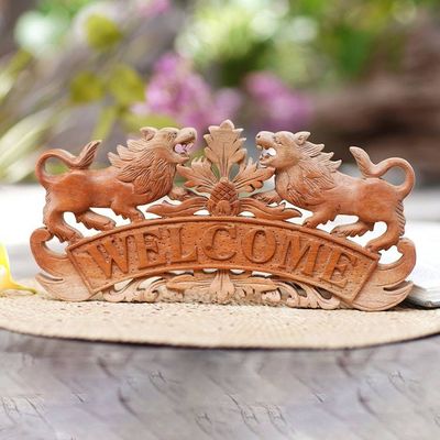 Alternate image for Handcrafted Suar Wood Lion Welcome Relief Panel from Bali Welcoming Lions