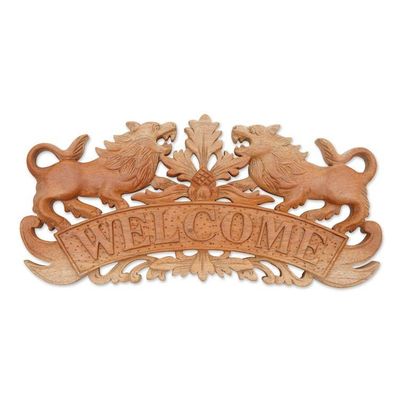 Alternate image for Handcrafted Suar Wood Lion Welcome Relief Panel from Bali Welcoming Lions