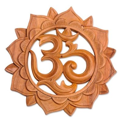 Alternate image for Brown Suar Wood Floral Om Relief Panel from Bali Sunflower Om