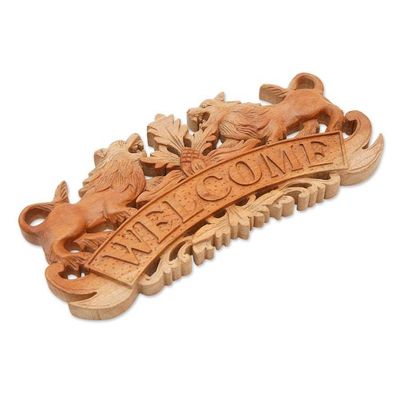 Alternate image for Handcrafted Suar Wood Lion Welcome Relief Panel from Bali Welcoming Lions