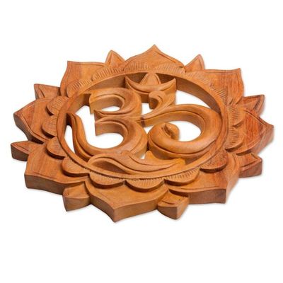 Alternate image for Brown Suar Wood Floral Om Relief Panel from Bali Sunflower Om
