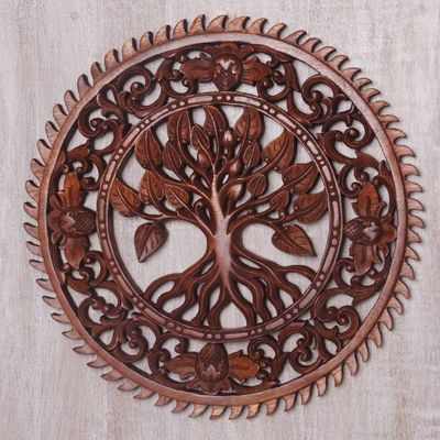 Alternate image for Hand Carved Tree Motif Wood Wall Relief Panel from Bali Tranquility Tree
