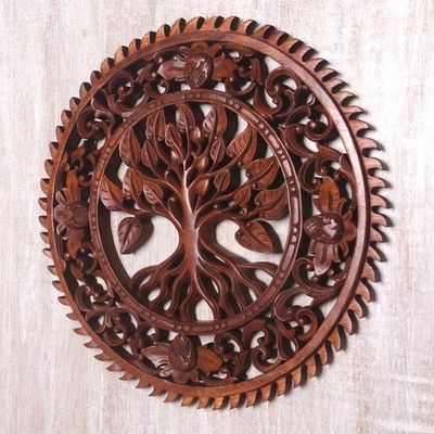 Alternate image for Hand Carved Tree Motif Wood Wall Relief Panel from Bali Tranquility Tree