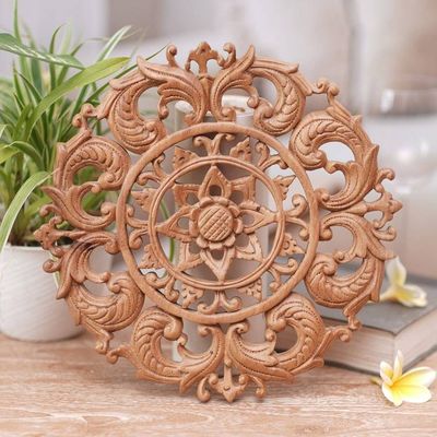 Alternate image for Hand-Carved Suar Wood Lotus Flower Relief Panel from Bali Lotus Heart