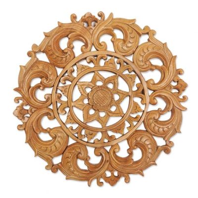 Alternate image for Hand-Carved Suar Wood Lotus Flower Relief Panel from Bali Lotus Heart