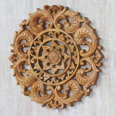 Alternate image for Hand-Carved Suar Wood Lotus Flower Relief Panel from Bali Lotus Heart