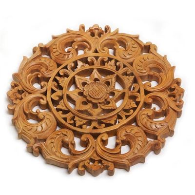 Alternate image for Hand-Carved Suar Wood Lotus Flower Relief Panel from Bali Lotus Heart