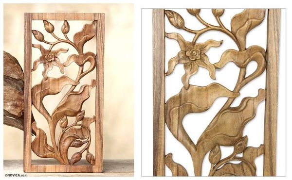 Alternate image for Hand Carved Orchid Relief Wall Panel Bali Orchid