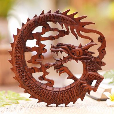 Alternate image for Hand Carved Balinese Dragon Suar Wood Wall Relief Panel Dragon in the Air