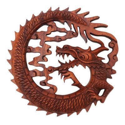 Alternate image for Hand Carved Balinese Dragon Suar Wood Wall Relief Panel Dragon in the Air