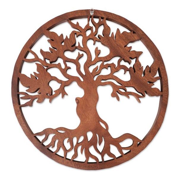Alternate image for Hand-Carved Suar Wood Relief Panel of Leafy Tree from Bali Celestial Tree