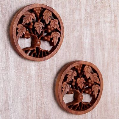 Alternate image for Tree-Themed Suar Wood Relief Panels Pair from Bali Berry Trees