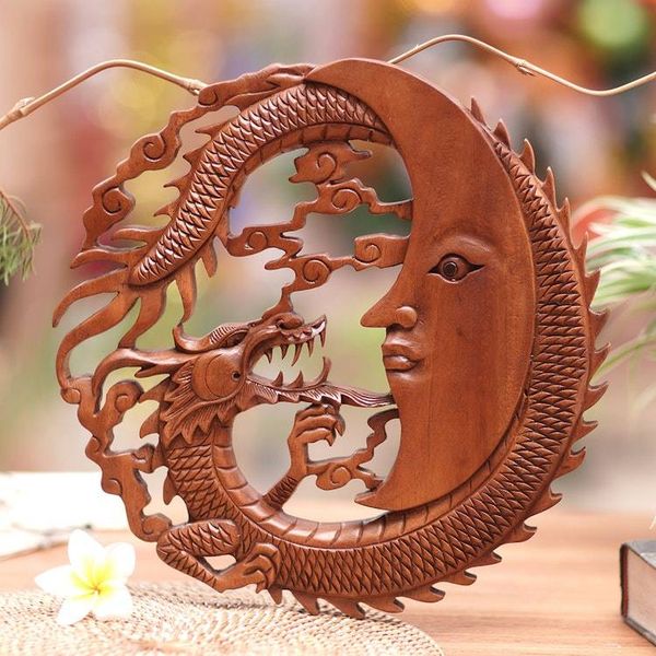 Alternate image for Dragon and Moon Wood Relief Panel Hand-Carved in Bali Dragon Knight