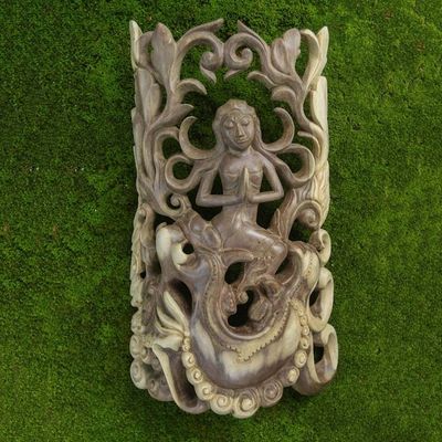 Alternate image for Artisan Crafted Hibiscus Wood Relief Panel Dragon and Moon