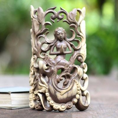 Alternate image for Artisan Crafted Hibiscus Wood Relief Panel Dragon and Moon