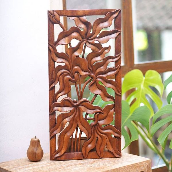 Alternate image for Leafy Rectangular Suar Wood Relief Panel from Bali Deep Forest