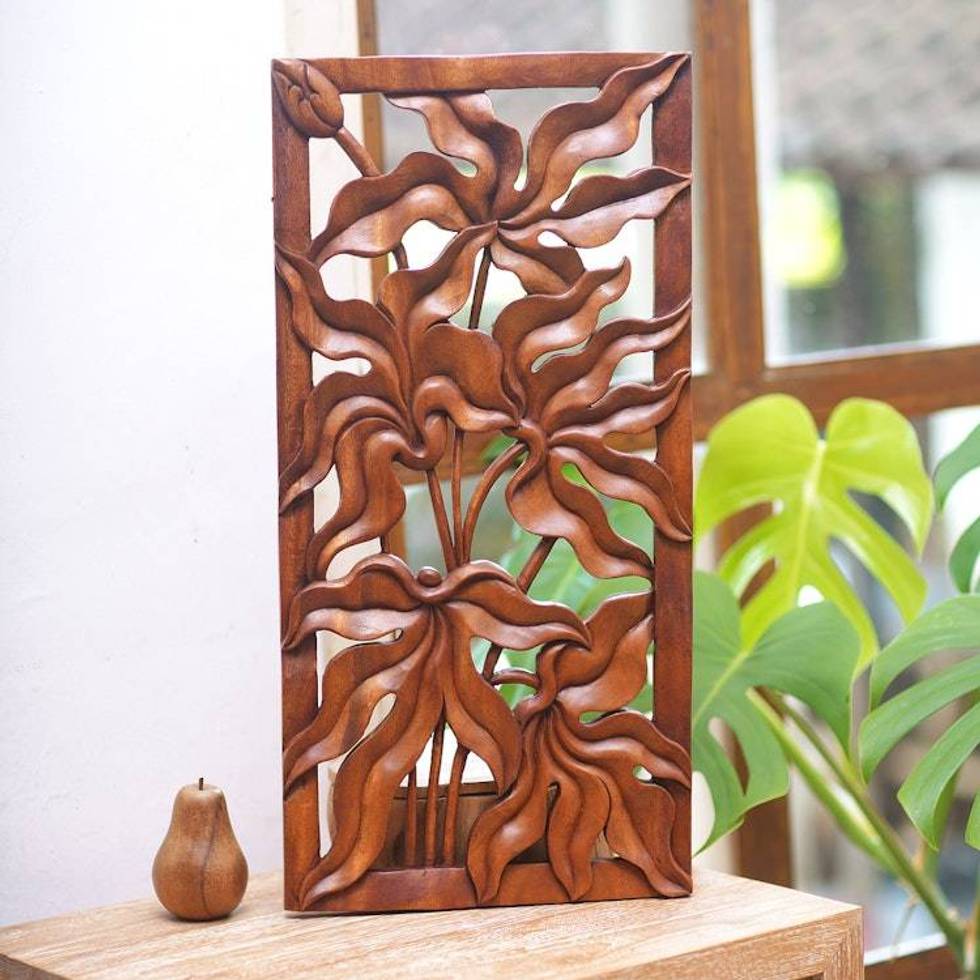 Leafy Rectangular Suar Wood Relief Panel from Bali 'Deep Forest'