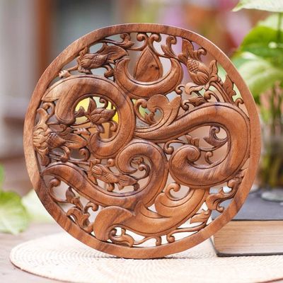 Alternate image for Hand Carved Om Symbol Wood Relief Panel from Bali Binding Om