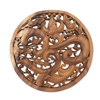 Alternate image for Hand Carved Om Symbol Wood Relief Panel from Bali Binding Om