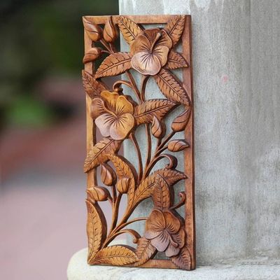 Alternate image for Artisan Crafted Floral Wood Relief Panel Sweet Balinese Hibiscus
