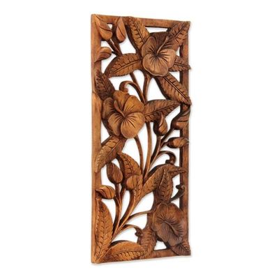 Alternate image for Artisan Crafted Floral Wood Relief Panel Sweet Balinese Hibiscus