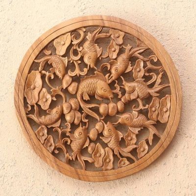 Alternate image for Hand Crafted Suar Wood Fish-Motif Relief Panel Golden Fish Pond