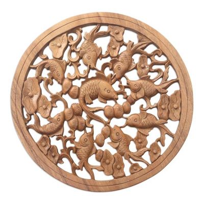 Alternate image for Hand Crafted Suar Wood Fish-Motif Relief Panel Golden Fish Pond