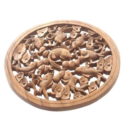 Alternate image for Hand Crafted Suar Wood Fish-Motif Relief Panel Golden Fish Pond