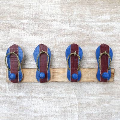 Primary image for Hand Carved Wood Coat Rack Agel Grass from Indonesia Flip Flops in Maroon and Blue