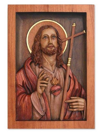 Alternate image for Hand Made Christianity Wood Relief Panel Jesus Sacred Heart