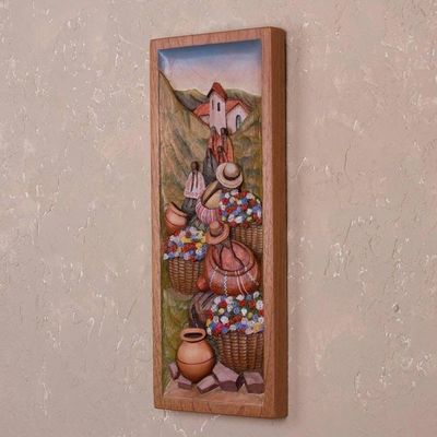 Alternate image for Cedar Wood Wall Panel of Flower Farmers from Peru Countryside Flowers