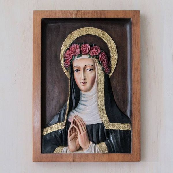 Alternate image for Bronze Leaf Cedar Hand Carved Relief Panel St Rose of Lima Saint Rose of Lima