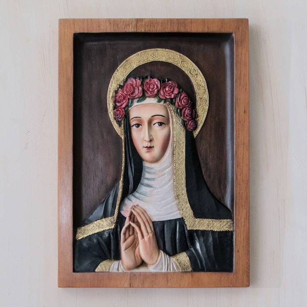 Bronze Leaf Cedar Hand Carved Relief Panel St Rose of Lima 'Saint Rose of Lima'