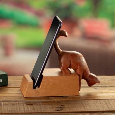 Primary image for Hand-Carved Cat-Themed Brown Cedar Wood Phone Holder Convenient Curiosity