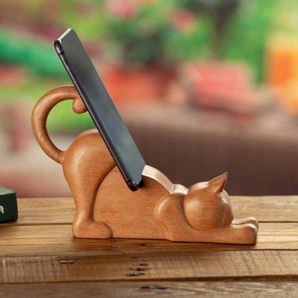 Alternate image for Cat-Themed Hand-Carved Cedar Wood Phone Holder from Peru Convenient Cunning