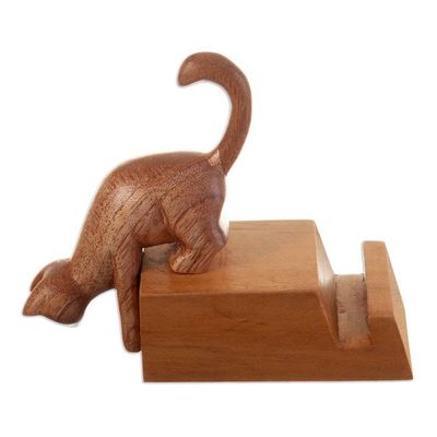 Alternate image for Hand-Carved Cat-Themed Brown Cedar Wood Phone Holder Convenient Curiosity