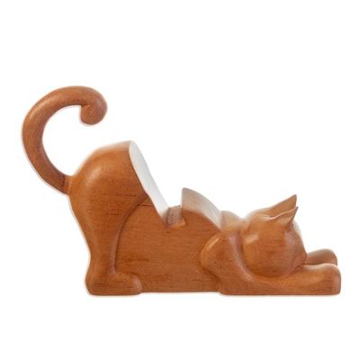 Alternate image for Cat-Themed Hand-Carved Cedar Wood Phone Holder from Peru Convenient Cunning