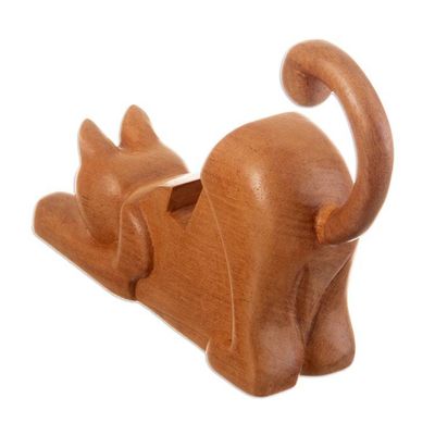 Alternate image for Cat-Themed Hand-Carved Cedar Wood Phone Holder from Peru Convenient Cunning