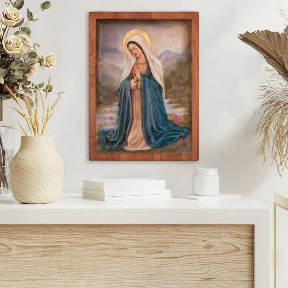 Hand-Carved Cedarwood Virgin Mary Relief Panel from Peru 'Virgin Mary Praying'