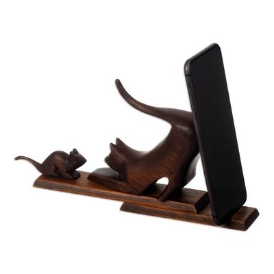 Alternate image for Cat and Mouse Cedar Wood Phone Holder in Dark Brown Hue Helping Buddies