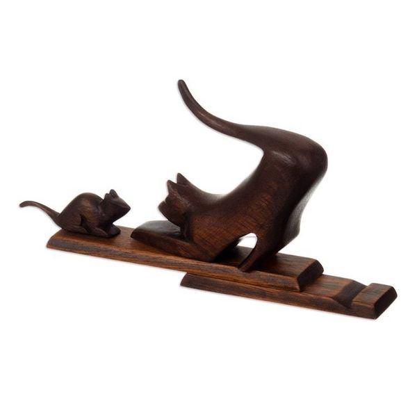 Alternate image for Cat and Mouse Cedar Wood Phone Holder in Dark Brown Hue Helping Buddies