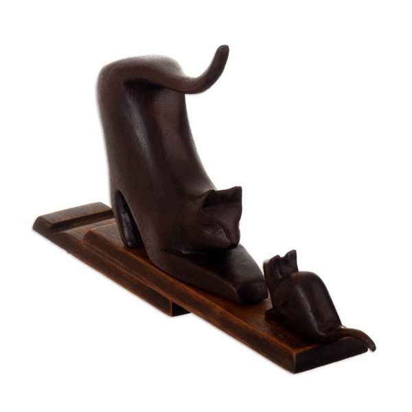 Alternate image for Cat and Mouse Cedar Wood Phone Holder in Dark Brown Hue Helping Buddies