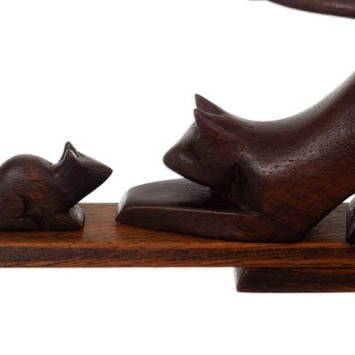Alternate image for Cat and Mouse Cedar Wood Phone Holder in Dark Brown Hue Helping Buddies