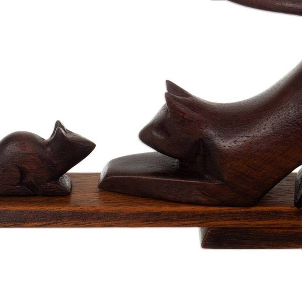 Alternate image for Cat and Mouse Cedar Wood Phone Holder in Dark Brown Hue Helping Buddies